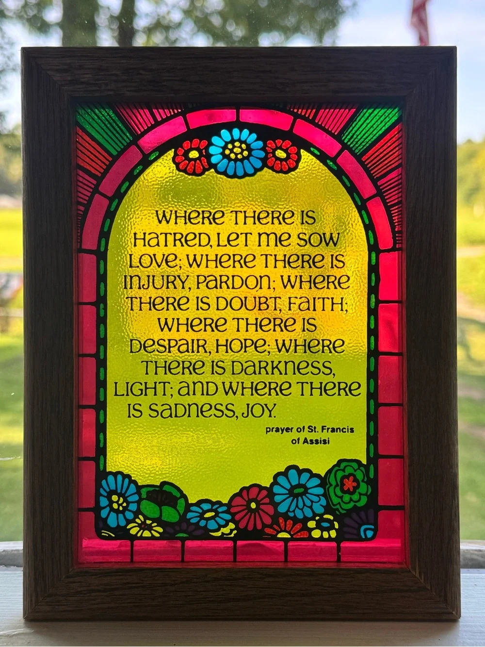 Vintage Framed Stained Glass Window Prayer of Saint Francis of Assisi 8” x 6.5”